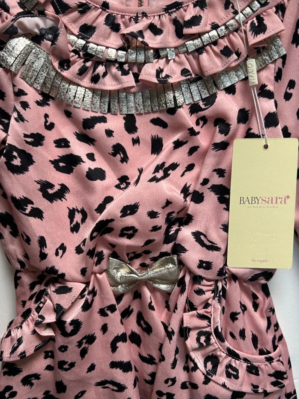 Baby Sara Pink Leopard-Print Ruffle Dress with Silver Trim. Adorable! NWT